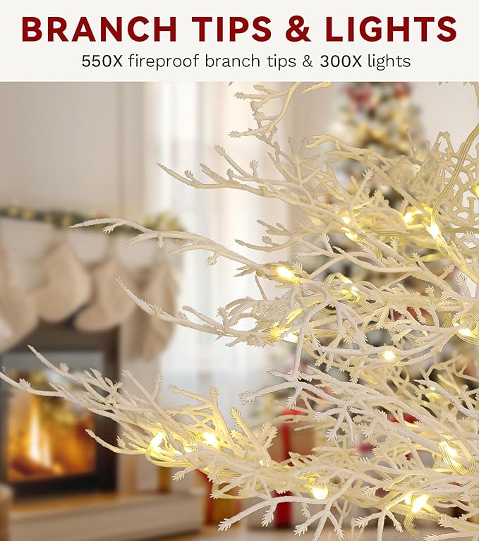 DWVO 6ft Pre-lit Artificial Christmas Tree, White Birch Prelit Christmas Trees for Home, Office, Party with 550 Thickened Branch Tips & 300 UL Listed Lights, Automatic Branches with Remote Control