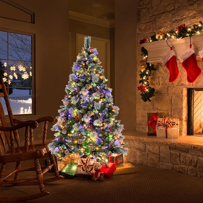 GOFLAME 6FT Pre-Lit Christmas Tree with Pine Needles, Hinged Artificial Xmas Tree with 747 Branch Tips, 350 LED Lights, 55 Pine Cones & 55 Red Berries, Holiday Decoration Tree with 11 Lighting Modes
