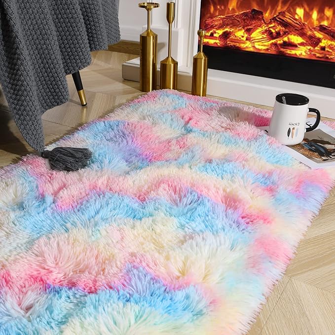 Ompaa Soft Fluffy Rainbow Runner Rug for Girls Bedroom Carpets, Kawaii Tie Dye Kids Rugs for Teens Unicorn Dorm Aesthetic, Pastel Shaggy Nursery Area Rug for Baby Princess Room, 2x6 Feet