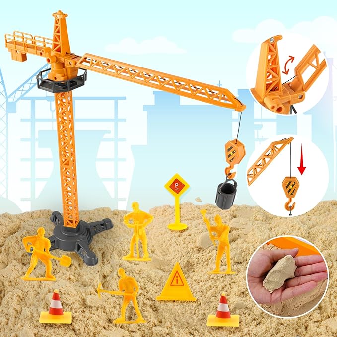 Sand Construction Site Kit - Play Sand Art Kit with 7 Construction Truck, 2lbs magic sand, Castle Molds, Crane, construction sensory bin for Preschool Learning Activities Gifts for Boys Girls Age 3+