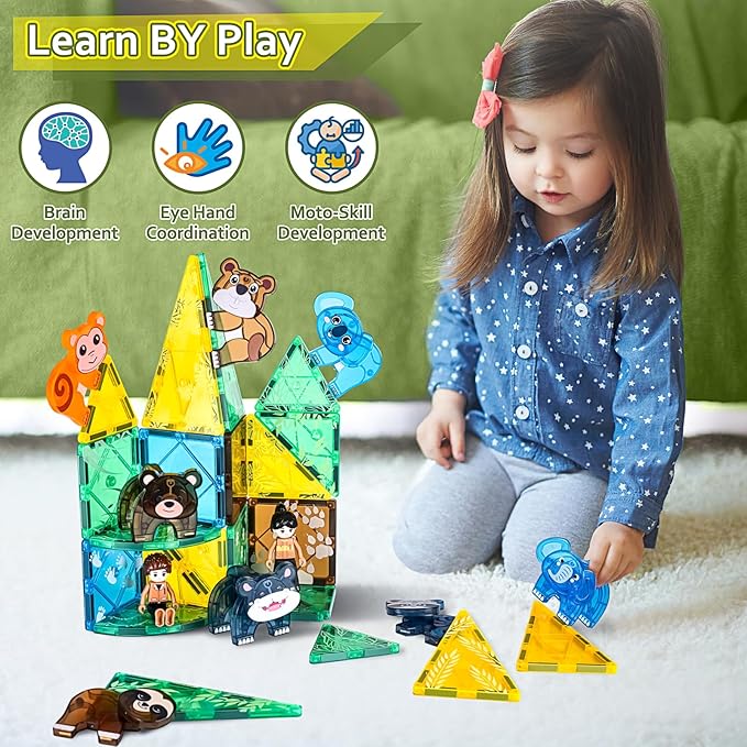 Magnetic Tiles Set, Magnet Blocks Building Toys, Safari Animals Magnetictile for Toddler 3-5, Assembly 3D Structure Jungle & Forest Theme, STEM Learning Toy for Kids Girls,Boys Age 3 4 5 6 7