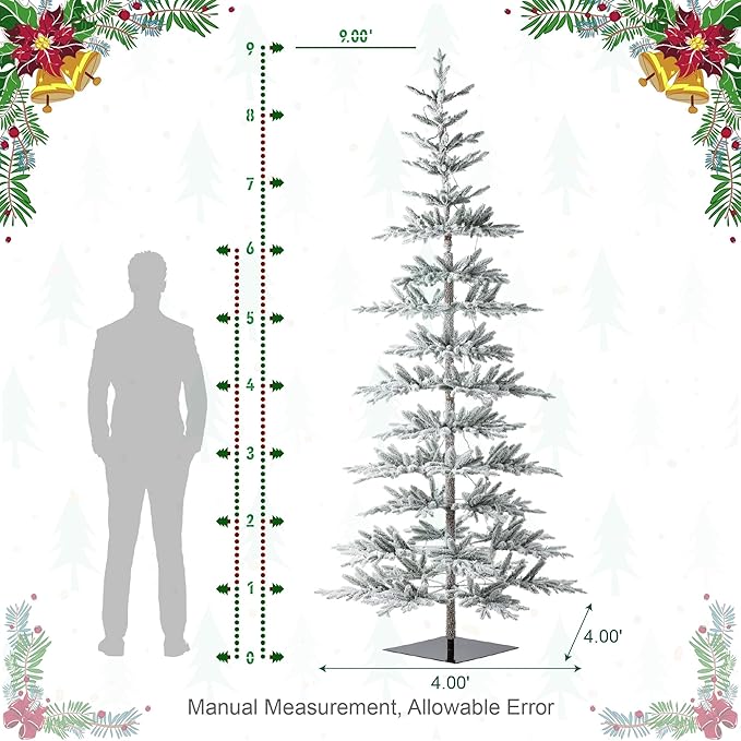 Glitzhome 9ft Flocked Christmas Tree, Deluxe Pre-Lit Artificial Christmas Tree, Large Xmas Serene Snowscape Fir Tree with 650 Warm White Lights and 1519 PE Tips for Holiday Home Party Decor