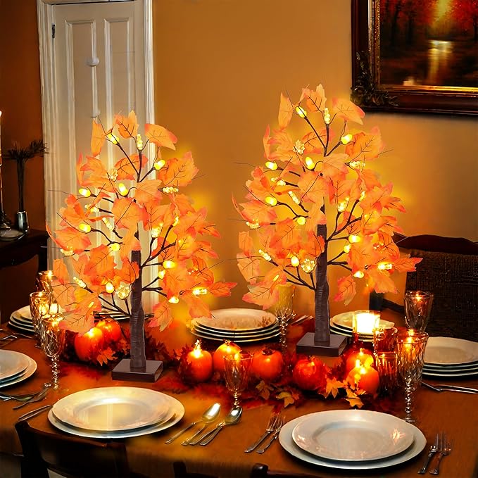 2 Pack 24 Inch Artificial Lighted Maple Tree with 48 LEDs Timer Fall Thanksgiving Decorations Battery Operated Prelit Acorn Maple Tree Lights for Thanksgiving Table Decor Home Indoor Autumn Harvest