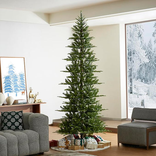 Glitzhome 9ft Prelit Christmas Tree, Cascade Evergreen Slim Fir Artificial Christmas Tree with 500 Strawberry Lights,1468 PE&PVC Branch Tips, 9 Functional Warm White/Multi-Color, Remote Controller