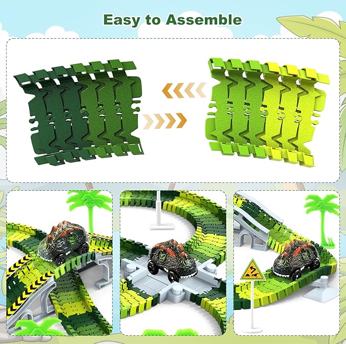 Dinosaur Toys, Create A Dinosaur World Road Race Tracks Glow in The Dark Flexible Train Track Playset, 2pcs Dinosaur Car for 3 4 5 6 Year Old Boys Girls Christmas Birthday Gift, CF2268