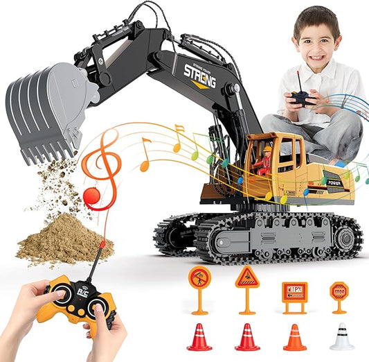 Remote-Control-Excavator-Construction Toys for Boys,RC Excavator Toy with Metal Shovel,Sound & Light,6CH 2.4Ghz Excavator Toys for Boys 3-5 4-7 8-12 Year Old Kids 2025 Christmas Birthday Gift,30+Mins