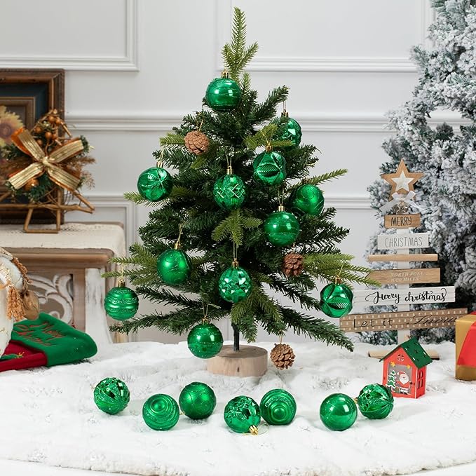 100Pcs Christmas Ball Ornaments Set, Shatterproof Plastic Dark Green Christmas Ornaments for Xmas Tree, Assorted Baubles Hanging Decorations for Holiday/Party/Wedding
