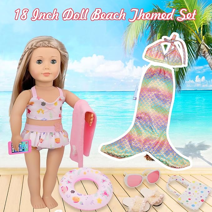 11 Pieces 18 Inch American Doll Bathing Suit Swimsuit with Accessories, Fashion 18 inch Doll Summer Outfits Including Mermaid Outfits,Swimming Circle,Bag,Phone,Shoes,Towel Set