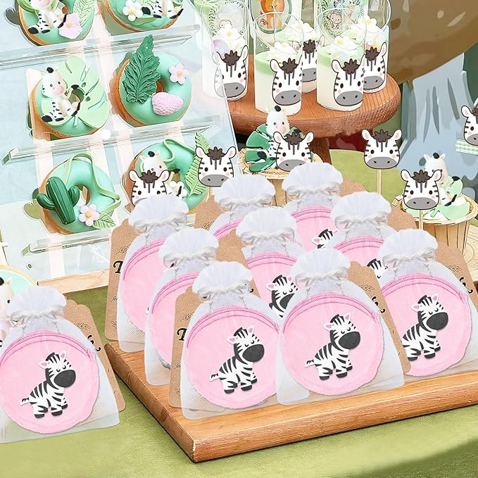 36 Pack Zebra Change Purses Set Include 12 Wallets with Keyring,12 Thank You Tags and 12 Organza Bags for Zebra Safari Jungle Grassland Party,Baby Shower Birthday Decor, Pink