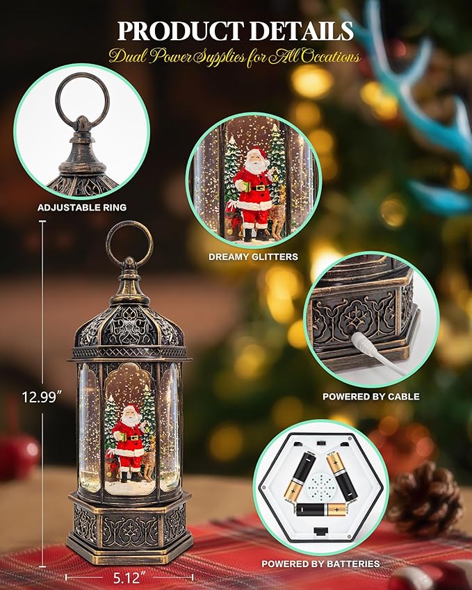 Musical Christmas Snow Globes Lantern, 13" Lighted Electric Snowglobes with 8 Holiday Songs, 6H Timer Dual Power, Santa & Deer Christmas Ornaments Snow Globe for Kids Adults, Gifts for Men Women