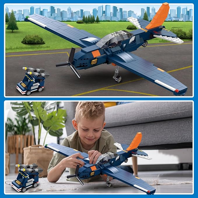 HOGOKIDS 3 in 1 Fighter Jet Plane Building Sets, Military Propeller Aircraft Gunship Building Toys with Vehicle/Rocket Launcher/Speedboat Model Toys, Birthday Gift for Kids, Boys and Girls 10+, 738PCS