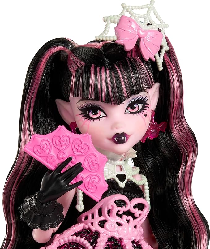 Monster High Scary Sweet Birthday Doll, Draculaura in Pink Party Dress with Themed Accessories Like Invite, Balloon, Gift, Fan and More
