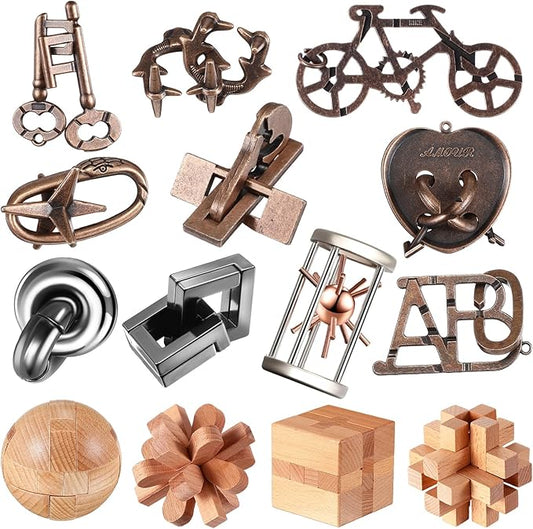 Syhood 14 Pcs Brain Puzzles Teaser for Adults Metal 3D Steel Mind Games Wooden Unlock Interlocking Puzzle Adult Iq Education Toys Smart Toy(Classic)