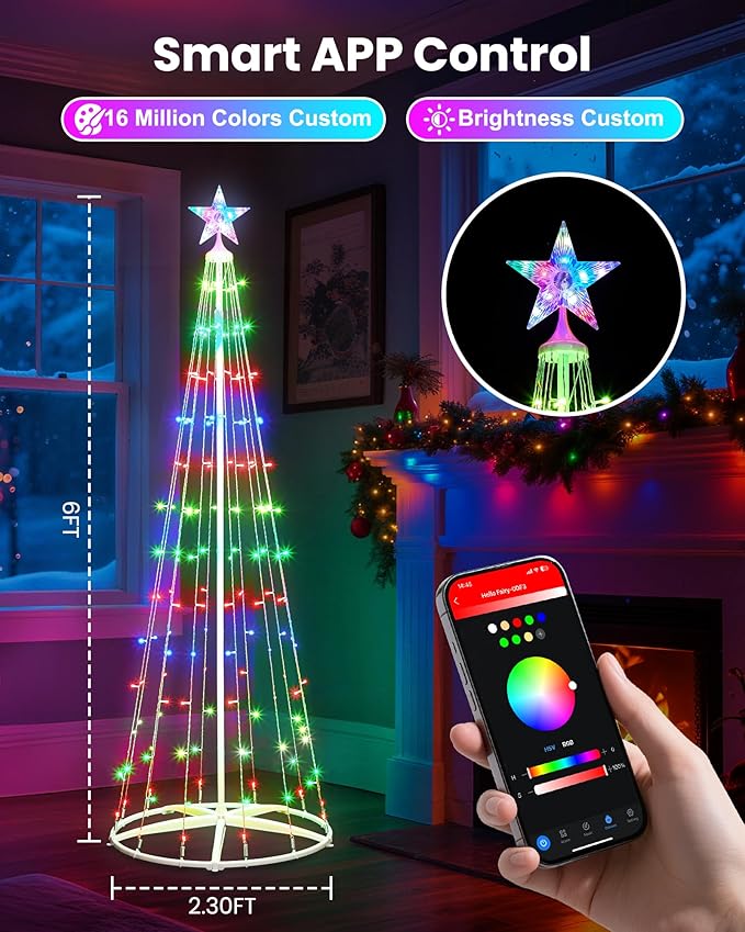 Smart Christmas Tree Light, 6FT 154 LED Artificial Tree with Star Topper, Music Sync with Remote & APP Control, DIY RGB LED Light Show for Xmas Indoor/Outdoor Decorations