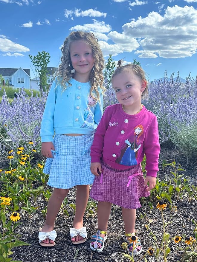 Disney Frozen Elsa Stitch Princess Moana Minnie Toddler Girl 2 Piece Outfit Kid Pearl Button Knit Top & Tweed Skirt Set 2-13Y