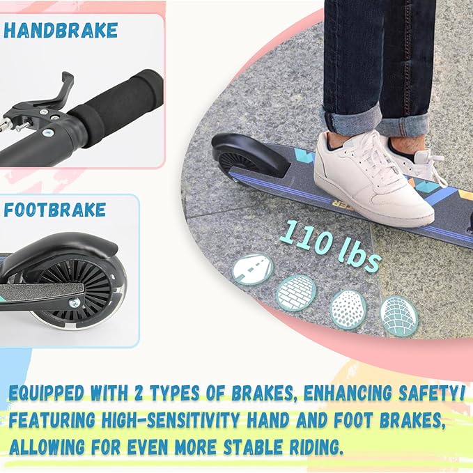 TENBOOM Scooter Kids Scooter with Handbrake, Toddler Scooter Scooters for Kids 3+, Light up LED Wheels Toys for Kids, Adjustable Handlebar, Foldable Scooter for Kids