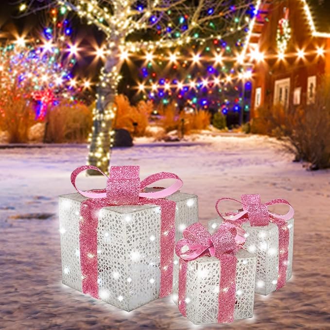Lighted Gift Boxes Set of 3, Pink Christmas Décor Gift Boxes, Prelit 60 White Lights Present Box Lighted Display with Plug for Home Porch Outdoor Yard Valentines Day Pink Christmas Decorations