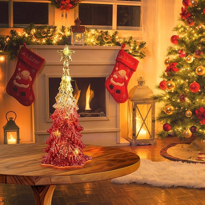 Valentine’s Day Gift 11 Inch Tabletop Christmas Tree with Sparkling Glitter - Battery Operated Acrylic Lighted Christmas Tree for Home Office Valentine’s Day Decor, Warm White Glow
