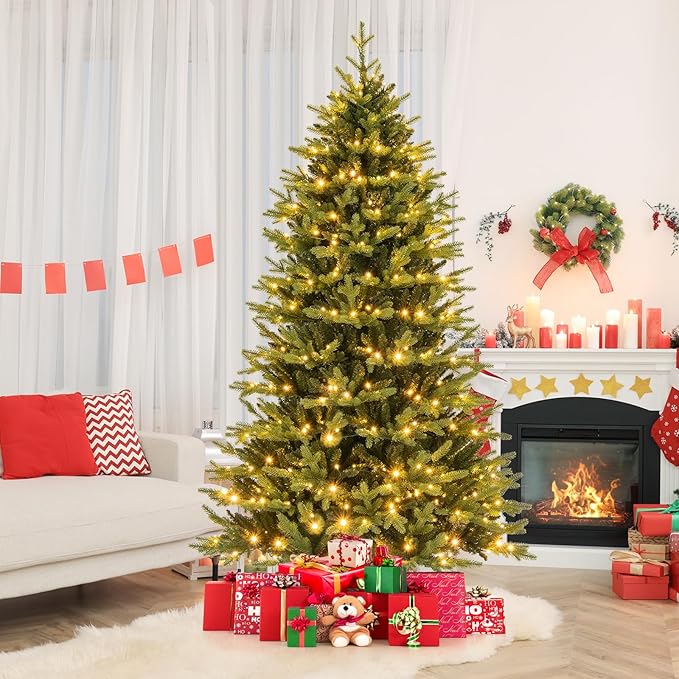 GOFLAME 7FT Prelit Artificial Christmas Tree, Hinged Christmas Tree with 470 LED Lights, 11 Lighting Modes, 1646 PE & PVC Branch Tips, Holiday Decoration Tree with Remote, Timer, Adjustable Brightness