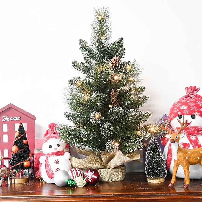 Pre-lit Artificial Mini Christmas Tree, 2ft Snow Tipped Pine Artificial Small Christmas Tree, Includes 30 Led Warm Lights, Seasonal Indoor Home Tabletop Decor with Decorative Burlap Base