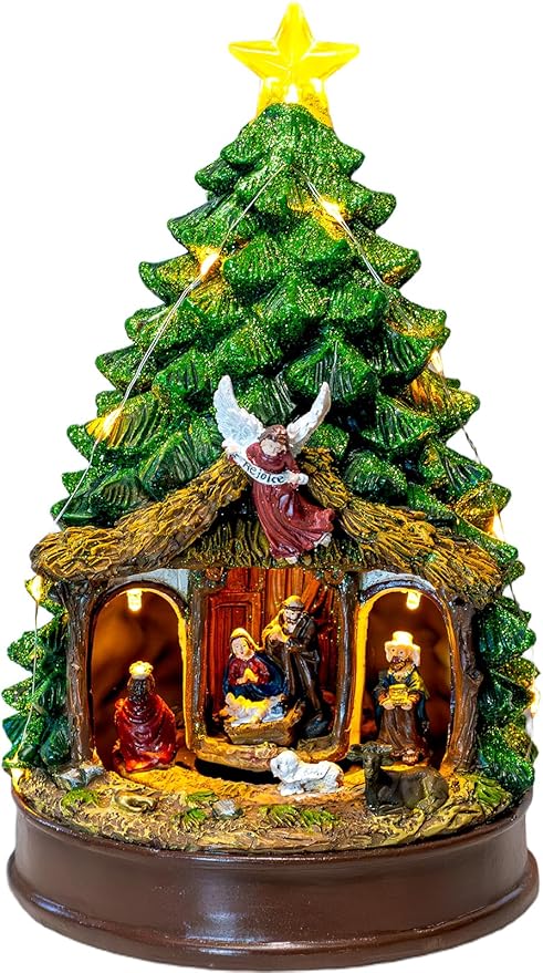 Musical Christmas Tree Rotating Nativity Scene with Star LED Light, Christmas Holy Family Angel Figurines for Xmas Decor Gift, Tabletop Decorative Christmas Trees Ornaments