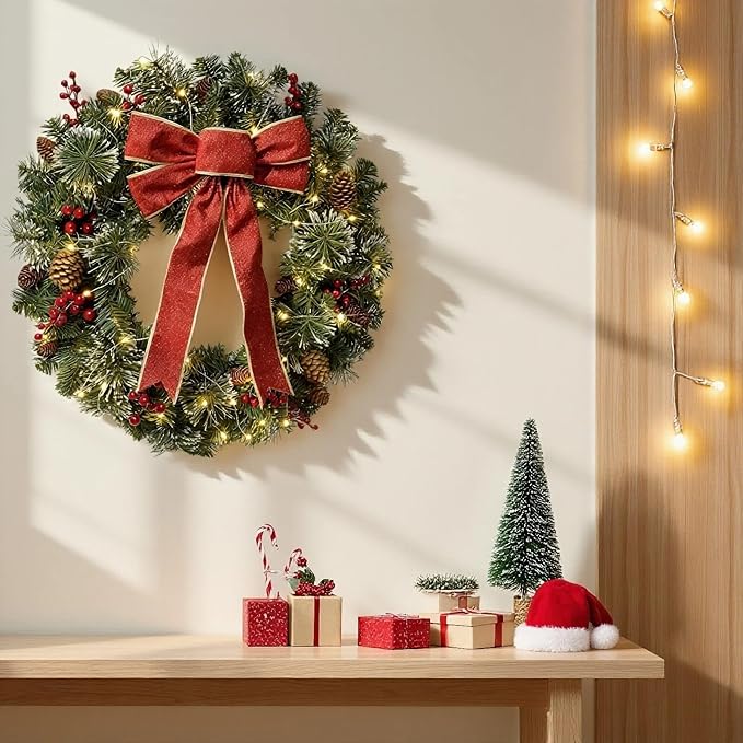 Christmas Wreath Front Door Wreath - 24 Inch Pre-Lit Outdoor Wreaths for Front Door Battery Operated 55 White Lights Bulbs Christmas Decoration Wall Wreath Outside DiliComing