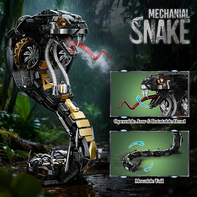 Mechanical Snake Building Block Set 1036PCS Mecha Snake Model Kit with Movable Joints Cyberpunk Animal Art Frame Decor Toy STEM Building Toy for Kids 8+ Adults Collectors Compatible with Lego