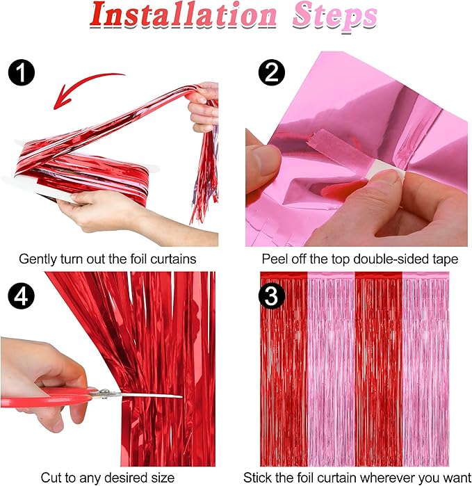 2 Pack Backdrop Curtains, 3.28 Feet x 7.05 Feet Red Pink Backdrop, Metallic Fringe Curtains Tinsel Backdrop Party Streamer, Babie Backdrop Happy Birthday Party Supplies Decorations