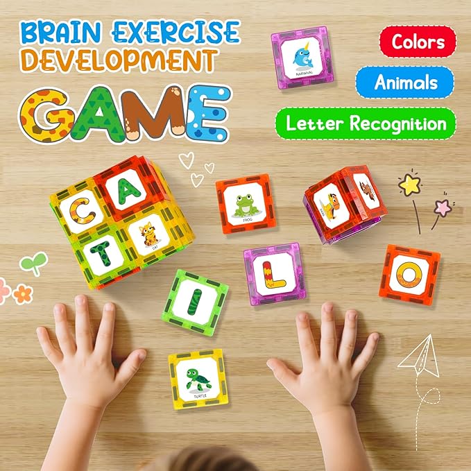 Magnetic Tiles Letters Learning Toys, Animals Alphabet ABC Magnets for Kids 1-3 2-4 3-5 4-8, Toddlers Classroom Must Haves 48PCS Stacking Toys, Homeschool Essentials for Preschool Spelling Game