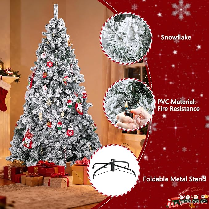 7ft Snow-Flocked Artificial Christmas Tree, Premium Unlit Holiday Xmas Tree for Home Office Party Decoration with 1000 PVC Hinged Branch Tips, Foldable Stand
