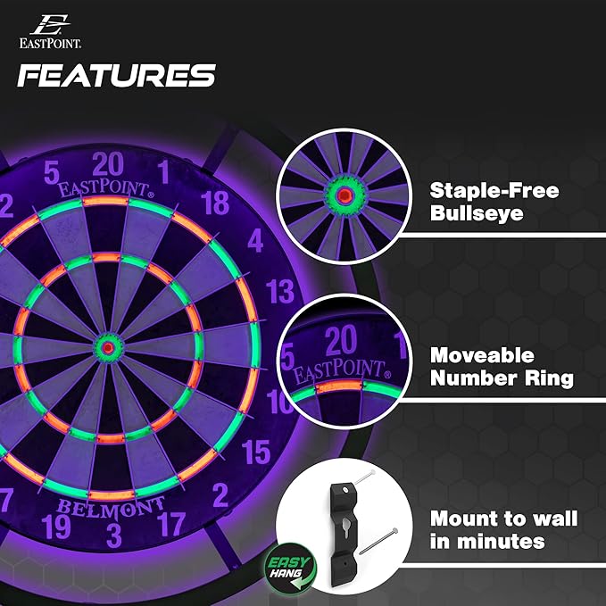 EastPoint Sports EastPoint Blacklight Dartboard - Official Size Bristle Dartboard with Glowing Segments and Dart Flights