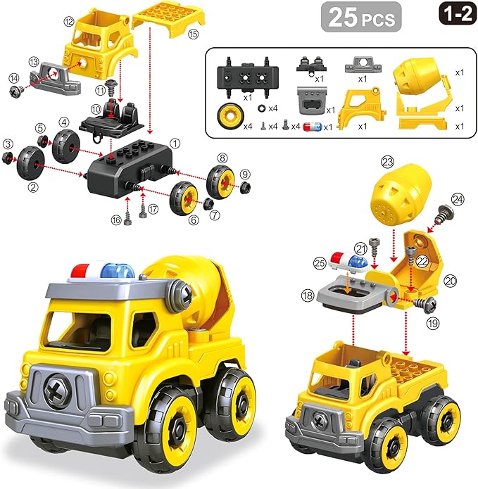 4-in-1 Take Apart Car Toys for Boys, DIY Engineering Construction Truck Toy Vehicle - Dump Truck, Cement Mixer, Excavator, Crane, Kids Building Educational Toy Gift for Age 3 4 5 6 7 8 Year Old Girls