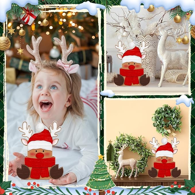 Britimes 4 Pcs Christmas Reindeer Table Decor Christmas Tiered Tray Decorations Set Red Nose Reindeer with Scarf Block Signs Gift Rustic Farmhouse Tabletop Decor for Table & Home Office