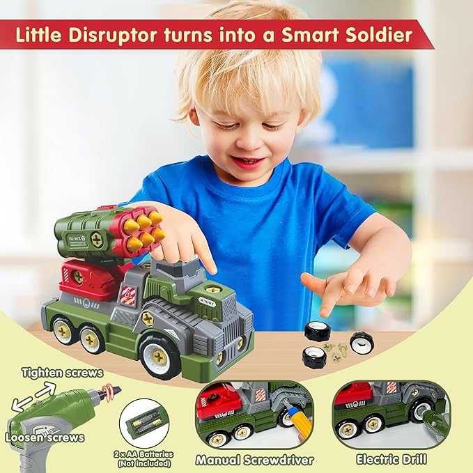 11inches Large Take Apart Army Toys for Boys Girls Kids 3-5 6-8 Year Old Missile Katyusha Rocket Trucks with Electric Drill Assembly Toy Set Gifts