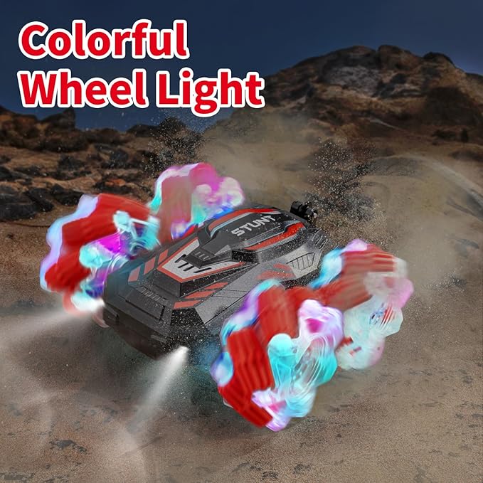 RC Stunt Car, Double-Sided 360° Flips, 4WD 2.4 GHz Gesture Sensing RC Cars with Cool Lights and Music, for Boys Aged 6-12, Great Birthday Presents, Toy Cars (Red)