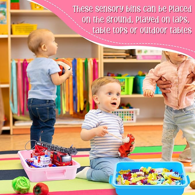 2 Pcs Sensory Bin Sand Tray with Lid for Plastic Sandbox Toy Fill with Water, Sand, Beads and More, for Indoor Outdoor Activities Play(Pink, Blue)