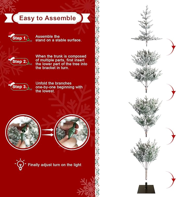 Glitzhome 9ft Deluxe Pre-Lit Flocked Artificial Christmas Tree Serene Snowscape Fir for Home, Office, Party Decoration with 650 Warm White Lights, Metal Hinges & Base, Easy Assembly