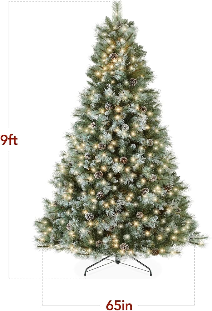 Best Choice Products Full Scotch Pine Christmas Tree, 9ft Pre-Lit Frosted Holiday Decor w/ 2,000 Twinkling Micro LED Lights, 2-in-1 White & Multicolor