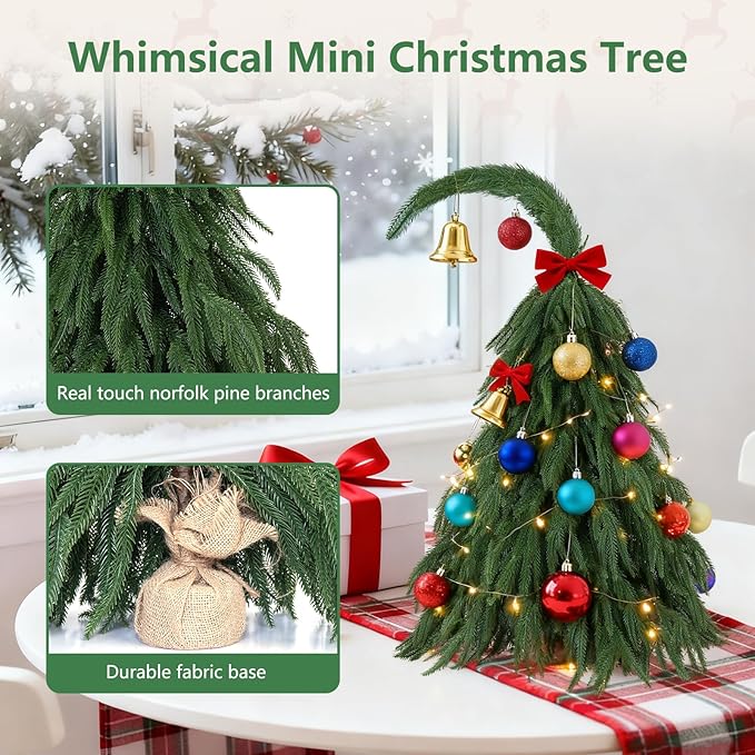 Tabletop Norfolk Pine Christmas Tree, 3FT Green Mini Artificial Christmas Tree with Norfolk Branch, Small Xmas Tree for Christmas Holiday Indoor Decoration