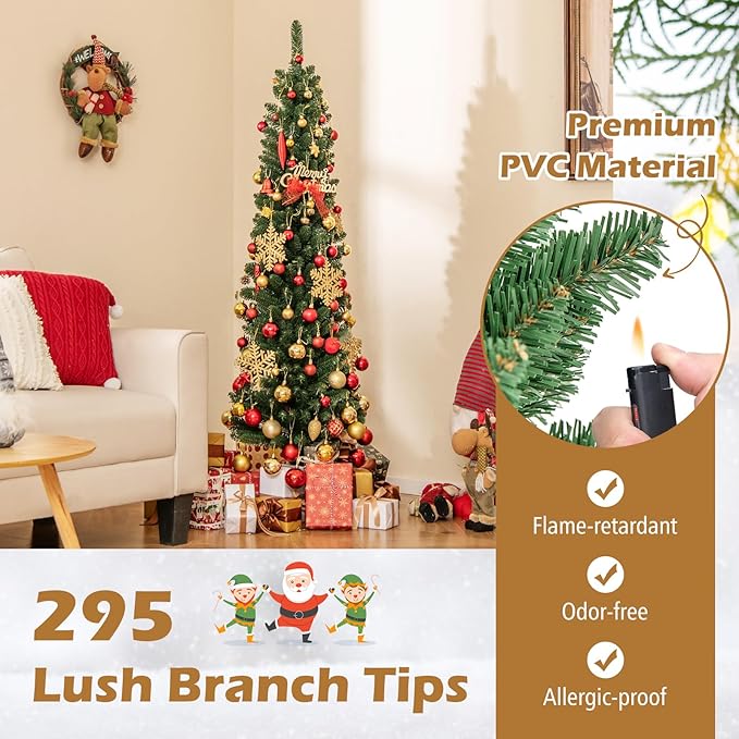 GOFLAME 5FT Pencil Christmas Tree, Slim Artificial Xmas Tree with 295 Memory Wire Branch Tips & Upgraded Metal Stand, Seasonal Holiday Decoration Tree for Home Office Party