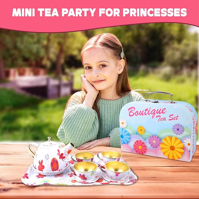 SMILESSKIDDO 15pcs Tea Party Set for Little Girls - Princess Tea Party Sets,Kids Kitchen Pretend Play Toys - Toddler Tea Party Sets for Girl 3-5, Girls Tea Party Set Gift for 3 4 5 6 7 8 Girl (White)