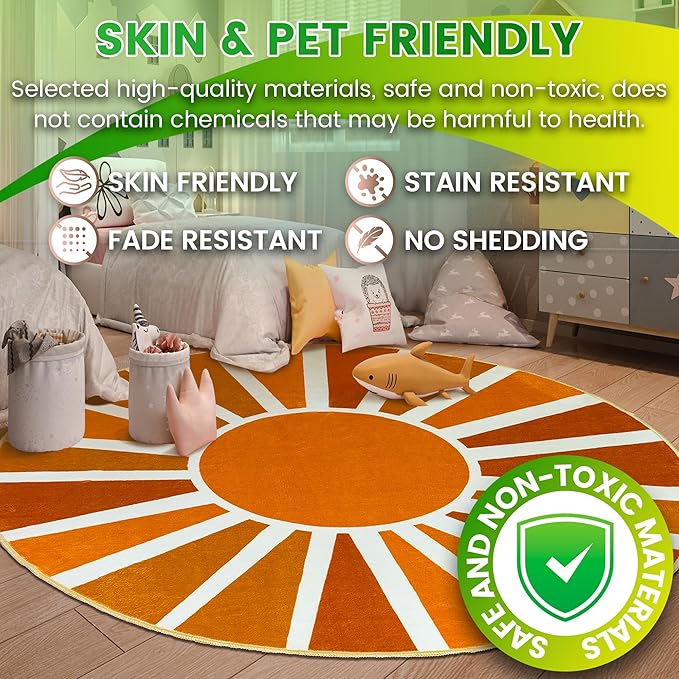 Washable 4Ft Round Sun Area Rug for Living Room, Brown Sun Modern Abstract Boho Circle Rugs, Ultra Thin Low Pile Lightweight Indoor Carpet Mat with Non-Slip Backing for Bedroom Kids Nursery Play Room