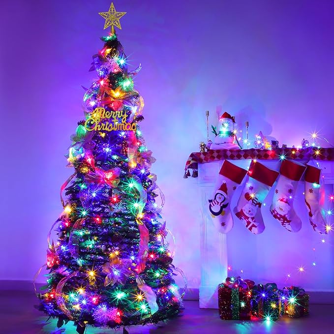 6.5Ft Prelit Fully Decorated Pop Up Christmas Tree with Lights Timer, Dual Color Change 1 Minute Christmas Tree, 220 Warm White&Colored Lights 8 Mode, 74 Ornaments Pull Up Collapsible Xmas Tree Decor