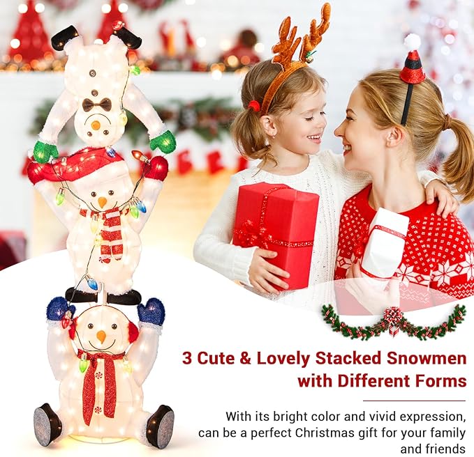 Tangkula 5.6 FT Lighted Christmas Stacked Snowmans Decoration, Pre-Lit Snowman Ornament with LED Lights, Light String, Outside Xmas Yard Decor, Xmas Display Indoor Outdoor Holiday Decor