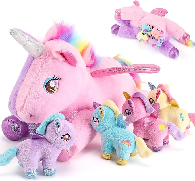 5 Pieces Unicorn Stuffed Animals - 1 Mommy Stuffed Unicorn with 4 Babies - Unicorns Gifts for Girls Ages 3-8, Unicorns Plush Toys for Christmas, Valentine's, Birthday Gifts (Pink & Purple)