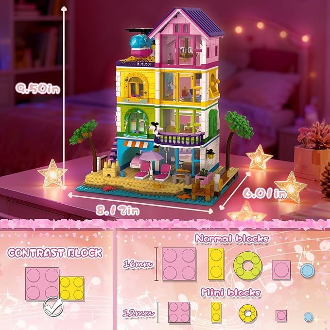 Girl Beach House Building Set with LED Light, NO Compatible with Lego 1346PCS Friends Seaside Villa Building Toy with Plane and Boat, Colorful 4 Floor Garden Home Gifts for Christmas, Valentine's Day