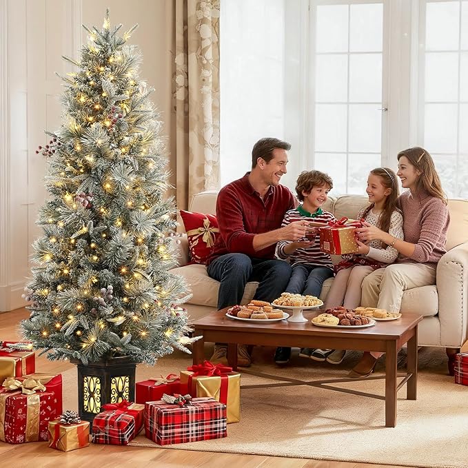 Garvee Pre-lit Artificial Christmas Tree with Warm White Lights, Snow Flocked Full Christmas Tree 4.5 ft with 8 Light-Modes, Pre Lighted Xmas Tree W/386 Branch Tips, 200 Light & Antique Urn Base,2 PCS