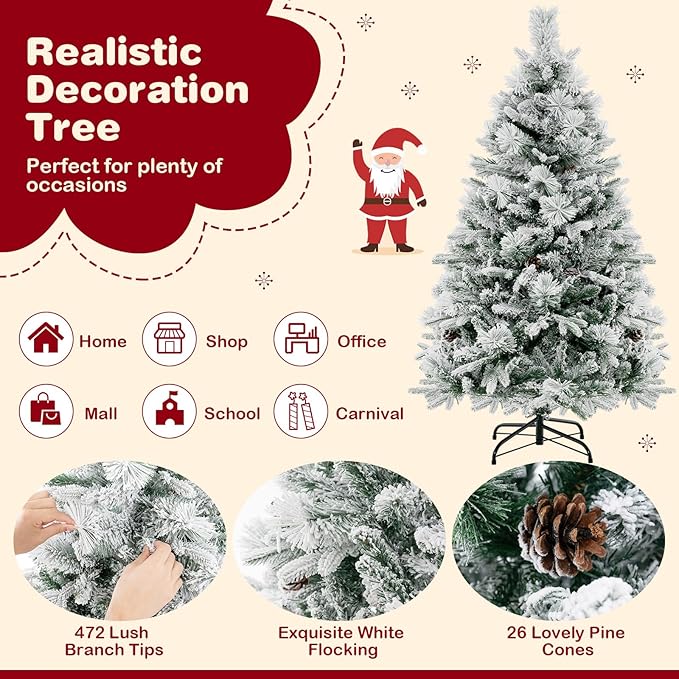GOFLAME 4.5 FT Artificial Christmas Tree with Pine Needles, Snow Flocked Xmas Tree with 472 PE & PVC Branch Tips, 160 LED Lights & 26 Pine Cones, Hinged Decoration Tree with 8 Lighting Modes