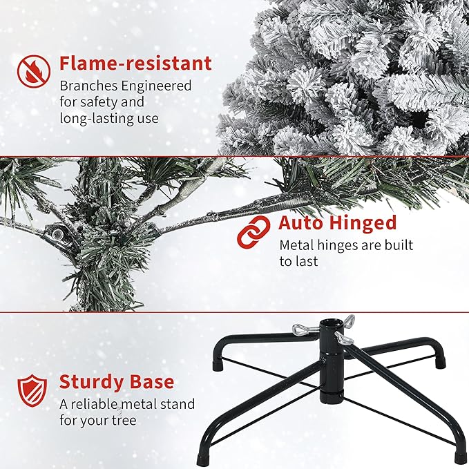 9FT Prelit Fluffy Snow Flocked Fraser Fir Artificial Christmas Tree with Warm White Lights, Hinged Branches, 2000 Tips, Artificial Christmas Tree Include Metal Stand for Holiday Home Decor