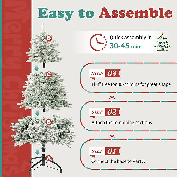 7FT Artificial Luxury Christmas Tree, Xmas Tree with 1300+ PE Branch Tips, Pine Cones & Metal Base, Snow-Flocked Hinged Tree for Home Office Party Festival Holiday Decor